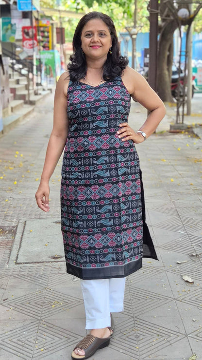 Black Sambalpuri Pure Handloom Spaghetti Kurta