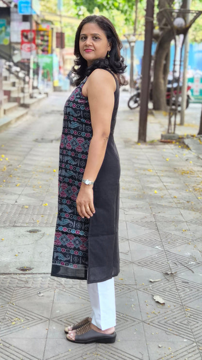 Black Sambalpuri Pure Handloom Spaghetti Kurta