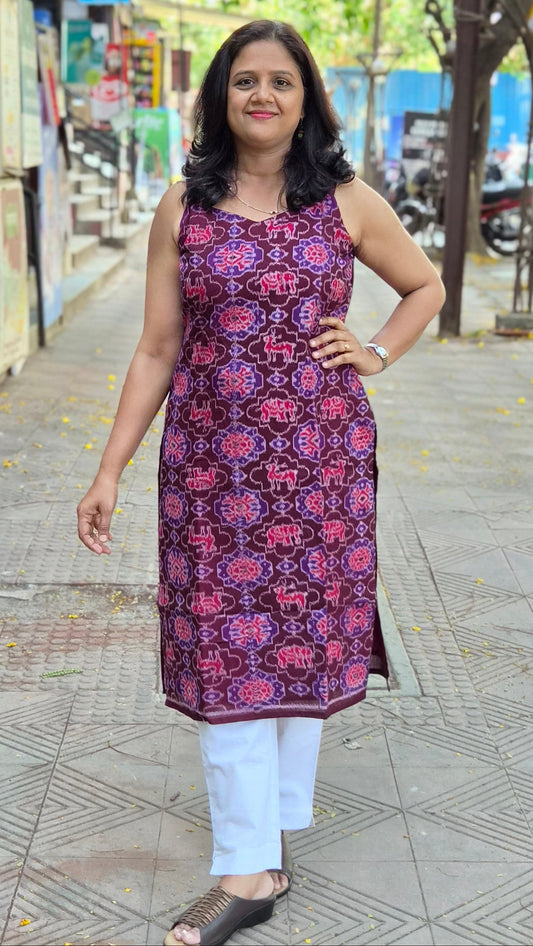 Maroon Sambalpuri Pure Handloom Spaghetti Kurta