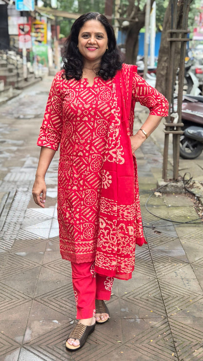 Red Hakoba Batik Full Suit With Dupatta