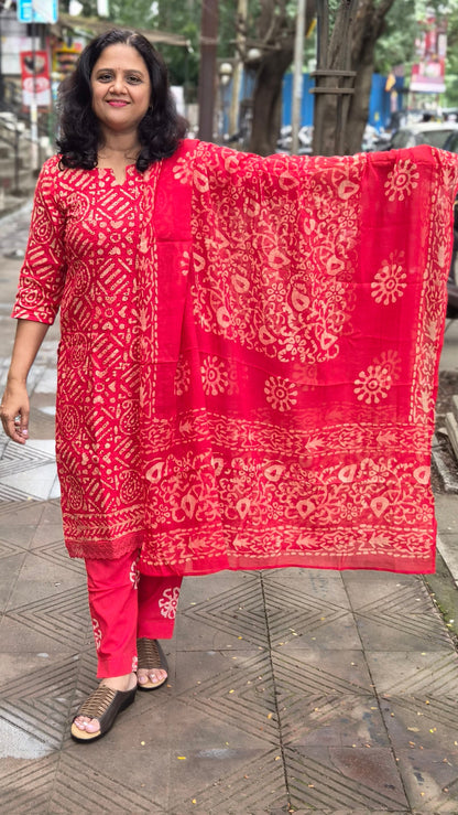 Red Hakoba Batik Full Suit With Dupatta