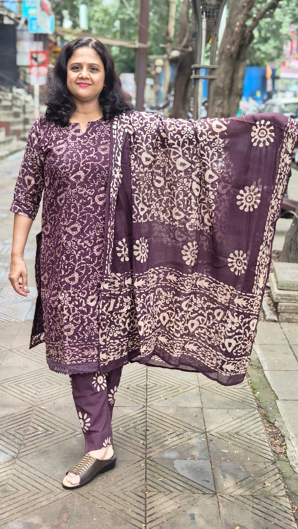 Brown  Hakoba Batik  Full Suit With Dupatta
