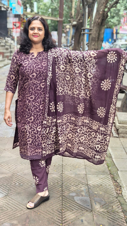 Brown  Hakoba Batik  Full Suit With Dupatta