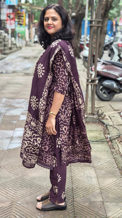 Brown  Hakoba Batik  Full Suit With Dupatta
