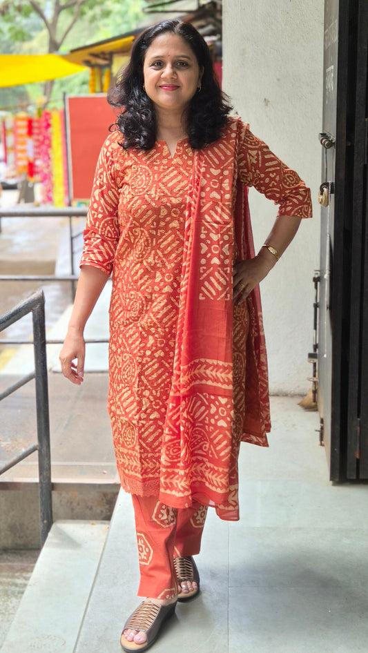Rust Orange Hakoba Batik  Full Suit With Dupatta