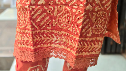Rust Orange Hakoba Batik  Full Suit With Dupatta