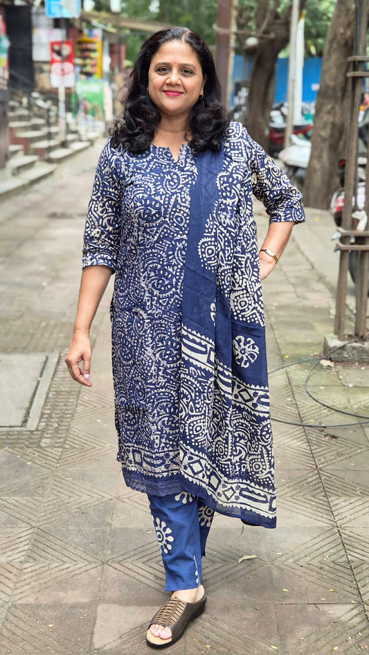 Blue Hakoba Batik Full Suit With Dupatta
