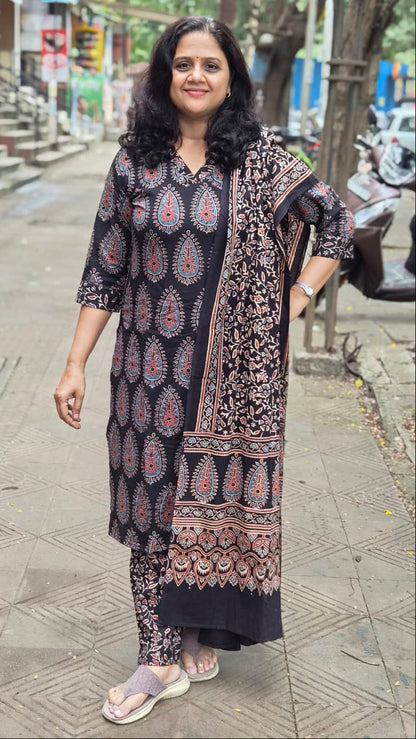 Black Pure Cotton Handblock Printed Ajrakh Full Suit With Dupatta