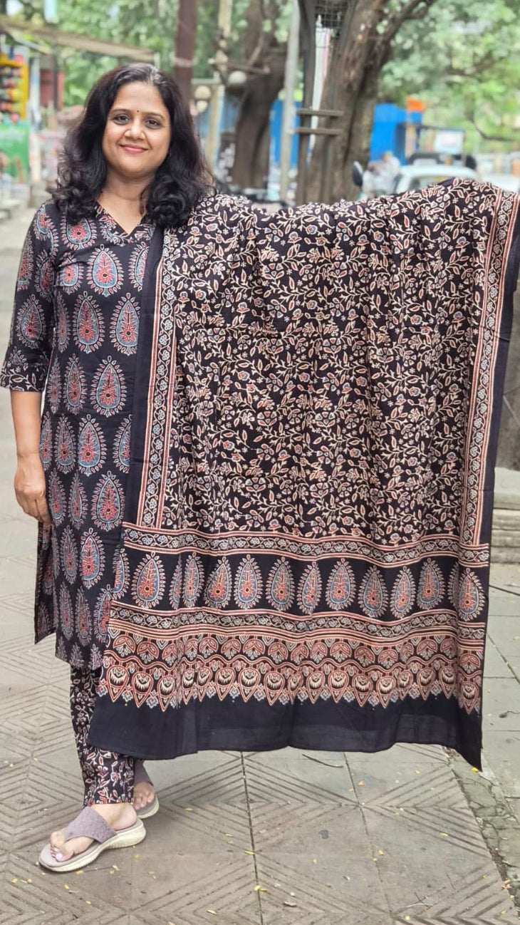 Black Pure Cotton Handblock Printed Ajrakh Full Suit With Dupatta