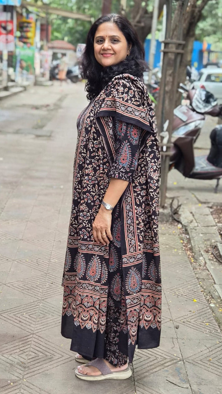 Black Pure Cotton Handblock Printed Ajrakh Full Suit With Dupatta