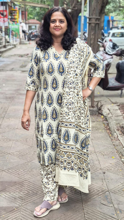 Off White Pure Cotton Handblock Printed Ajrakh Full Suit With Dupatta
