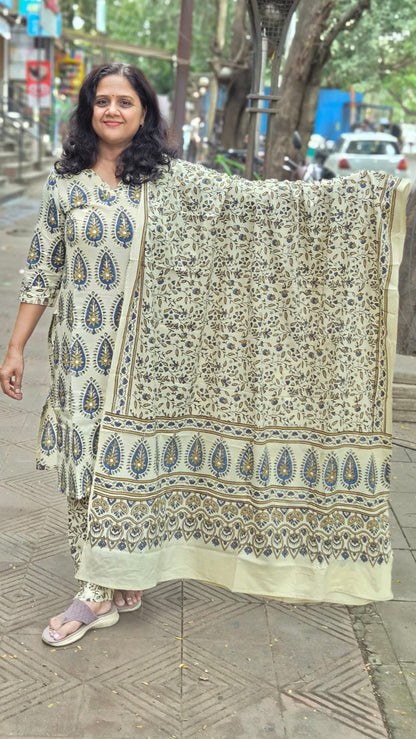 Off White Pure Cotton Handblock Printed Ajrakh Full Suit With Dupatta