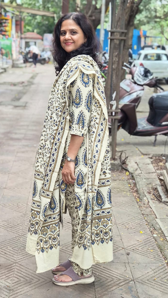 Off White Pure Cotton Handblock Printed Ajrakh Full Suit With Dupatta