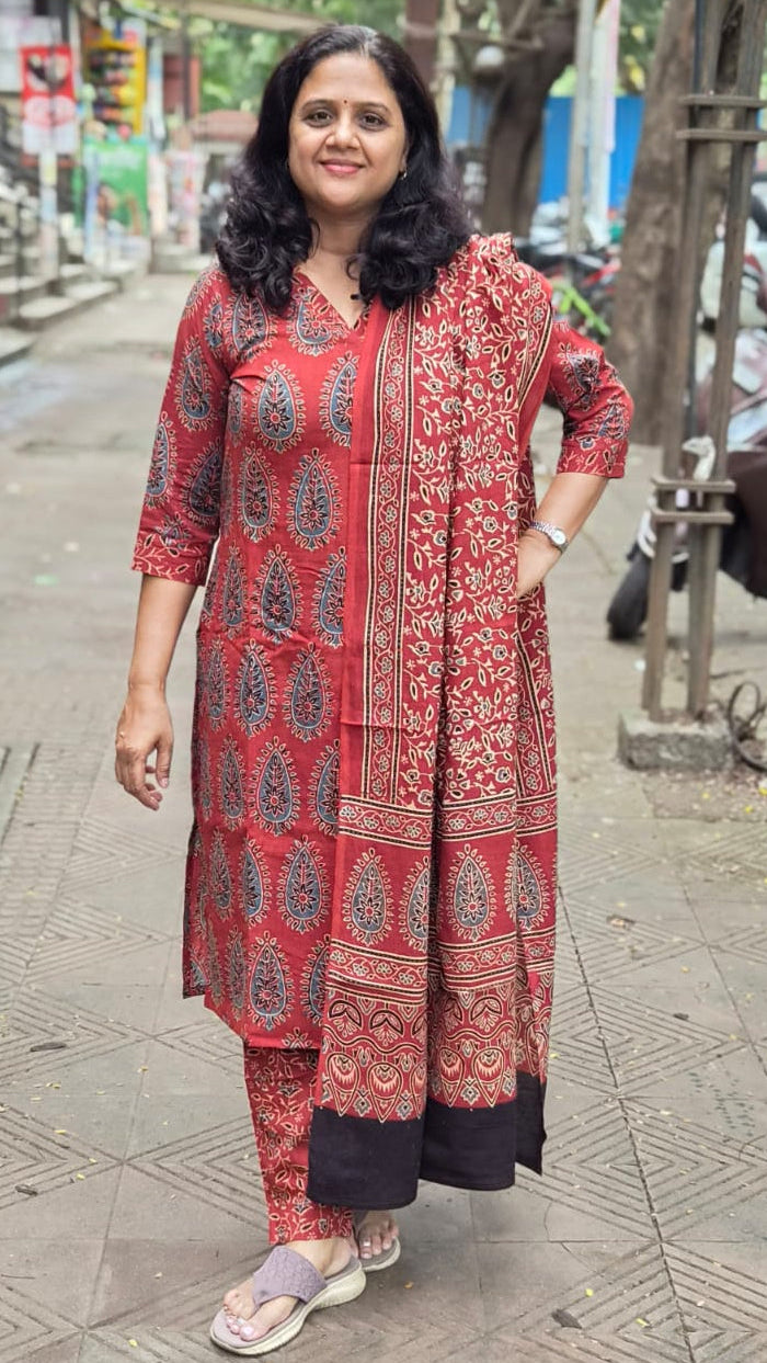 Maroon Pure Cotton Handblock Printed Ajrakh Full Suit With Dupatta