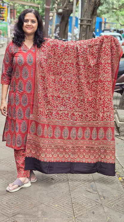 Maroon Pure Cotton Handblock Printed Ajrakh Full Suit With Dupatta