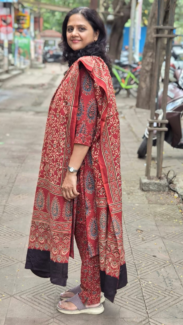 Maroon Pure Cotton Handblock Printed Ajrakh Full Suit With Dupatta