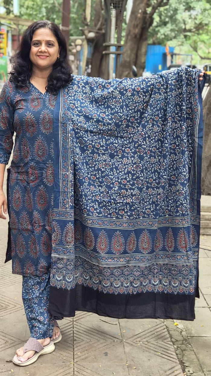 Indigo Pure Cotton Handblock Printed Ajrakh Full Suit With Dupatta