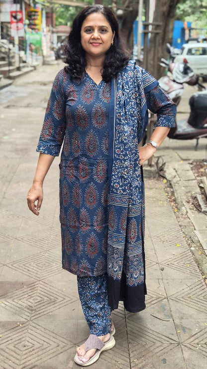 Indigo Pure Cotton Handblock Printed Ajrakh Full Suit With Dupatta