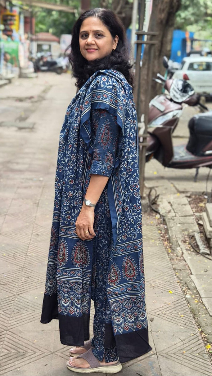 Indigo Pure Cotton Handblock Printed Ajrakh Full Suit With Dupatta