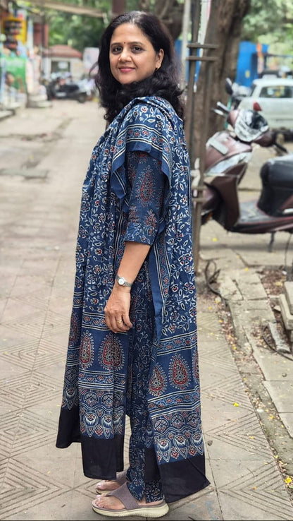 Indigo Pure Cotton Handblock Printed Ajrakh Full Suit With Dupatta