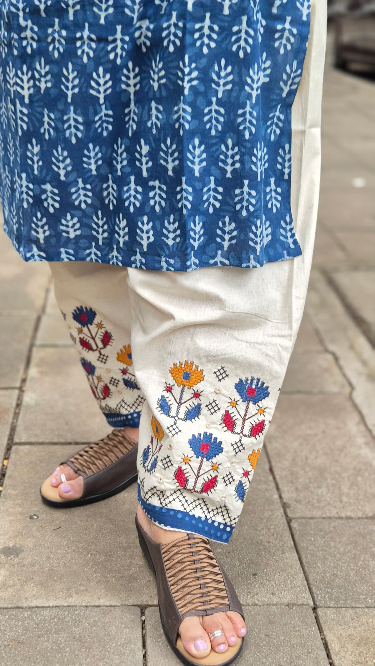 Indigo Dabu Full Suit With Embroidery