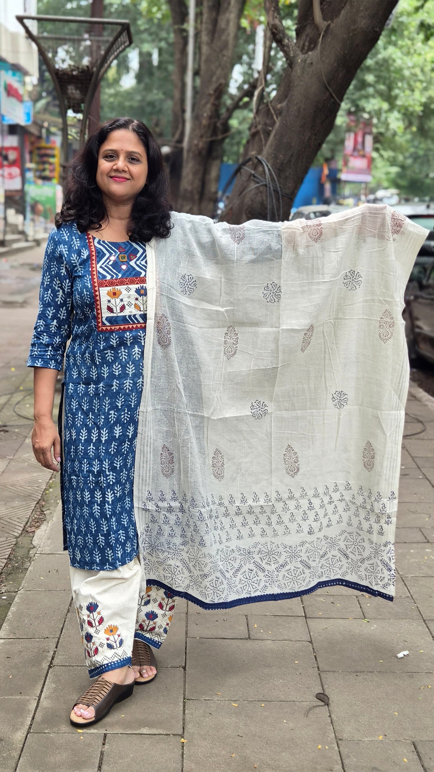 Indigo Dabu Full Suit With Embroidery