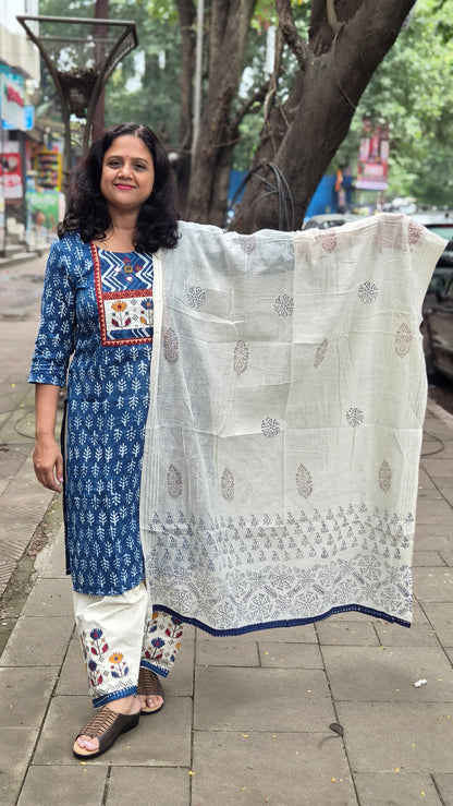 Indigo Dabu Full Suit With Embroidery