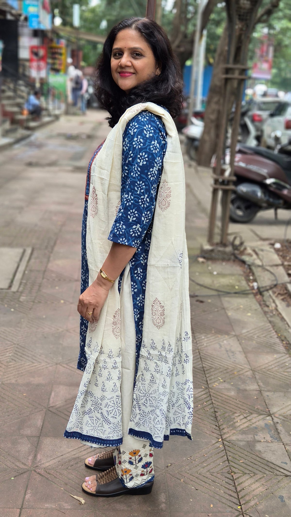 Indigo Dabu Full Suit With Embroidery