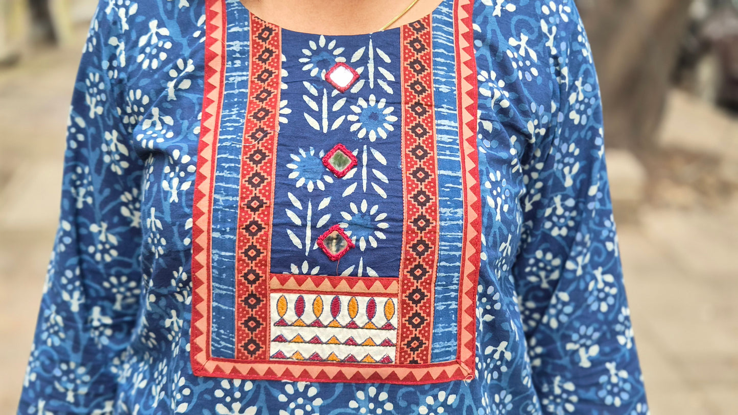 Indigo Dabu Full Suit With Embroidery