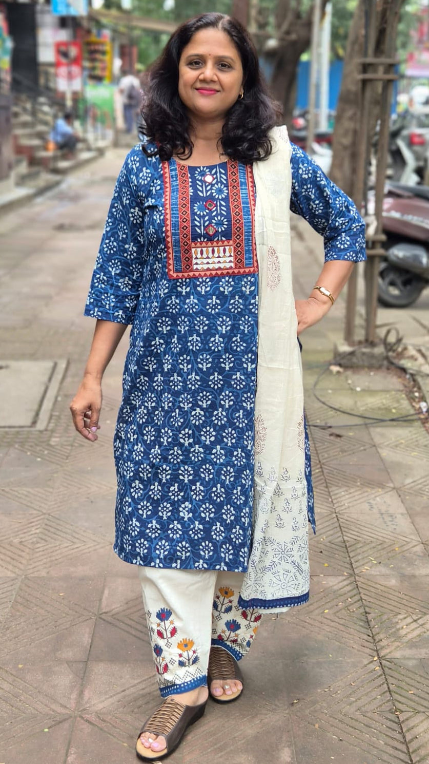 Indigo Dabu Full Suit With Embroidery