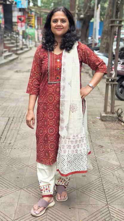Maroon Ajrakh Handblock Printed Full Suit With Dupatta