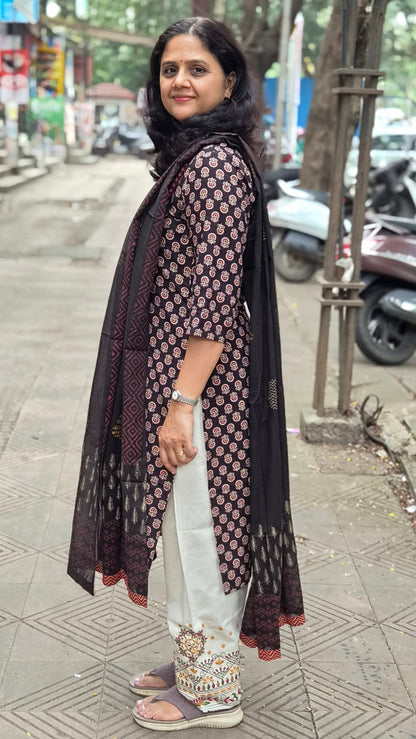 Black Ajrakh Handblock Printed Full Suit With Dupatta