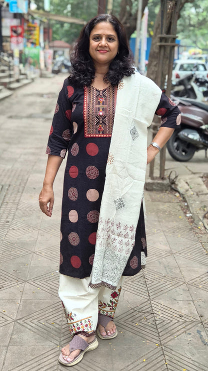Black Ajrakh Handblock Printed Full Suit With Dupatta