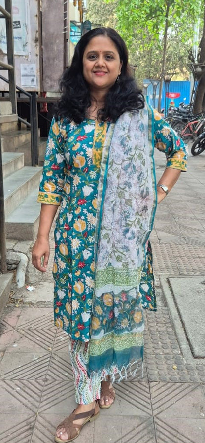 Sea Green Cotton Handblock Printed Full Suit With Dupatta