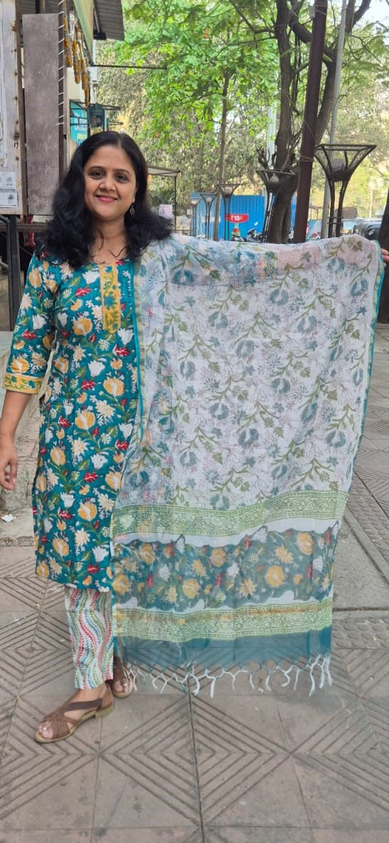 Sea Green Cotton Handblock Printed Full Suit With Dupatta