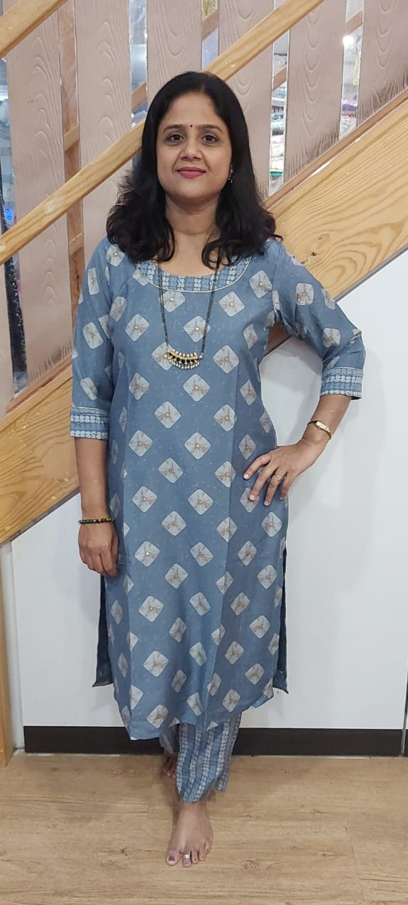 Blue Grey Muslin Foil Full suit (Kurta with Pant)