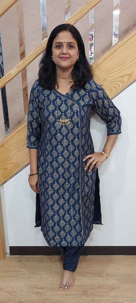 Nevy Blue Muslin Foil Full suit (Kurta with Pant)