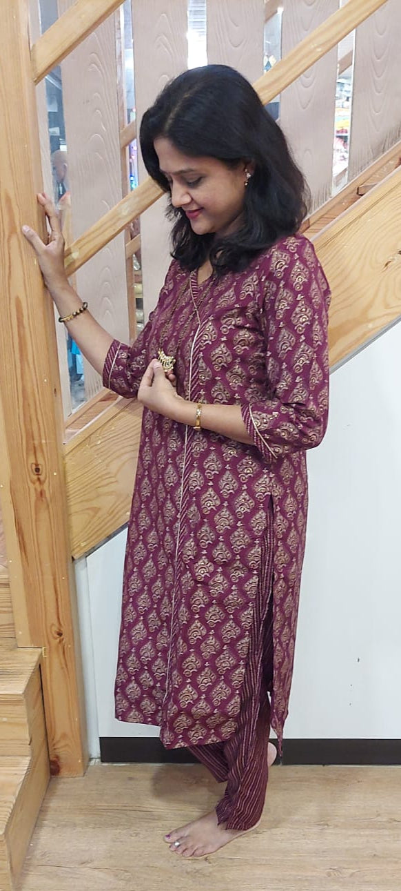 Wine Muslin Foil Full suit (Kurta with Pant)