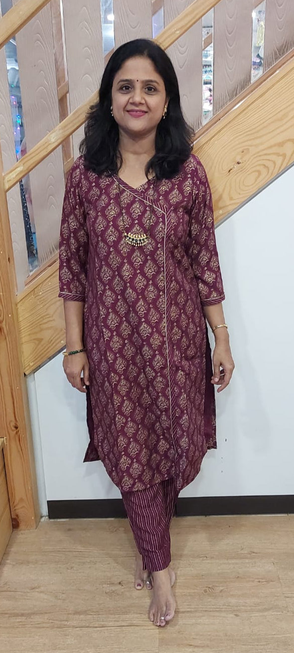 Wine Muslin Foil Full suit (Kurta with Pant)