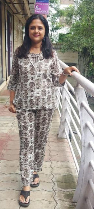 Light Brown Pure Cotton Printed Co-Ord Set 3 Piece