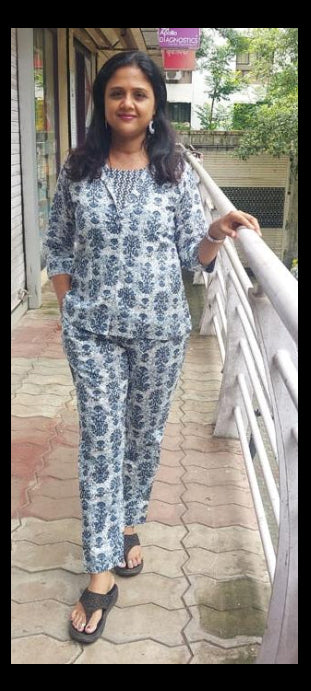 Gray Pure Cotton Printed Co-Ord Set 3 Piece