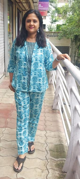 Teal Blue Pure Cotton Printed Co-Ord Set 3 Piece