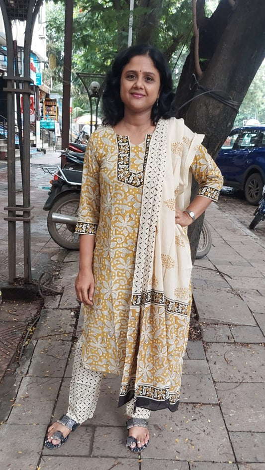 Mustard Yellow Pure Handblock Printed Cotton Full suit with dupatta
