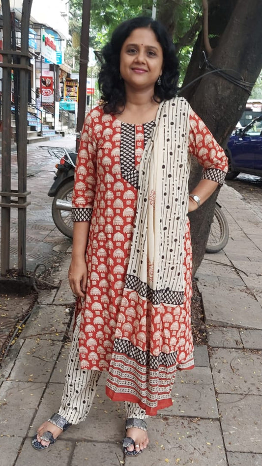Brick Red Pure Hand Block Printed Cotton Full Suit With Dupatta