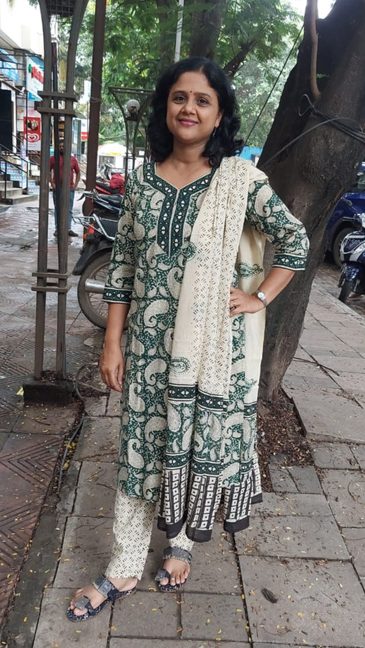 Green Pure Hand Block Printed Cotton Full Suit With Dupatta