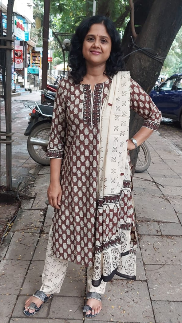 Coffee Pure Hand Block Printed Cotton Full Suit With Dupatta