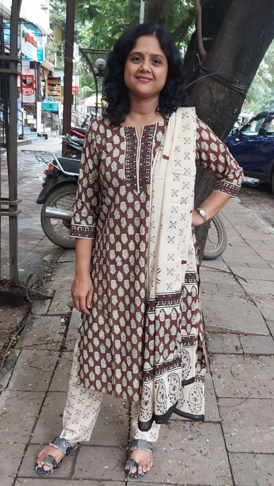 Coffee Pure Hand Block Printed Cotton Full Suit With Dupatta