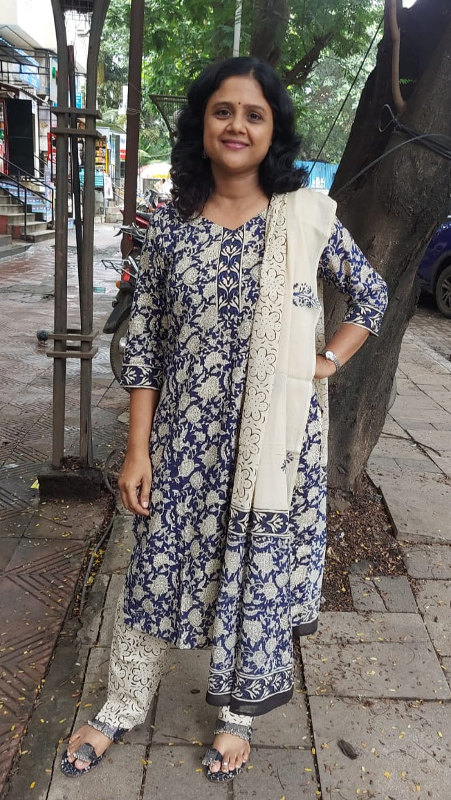 Royal Blue Pure Hand Block Printed Cotton Full Suit With Dupatta