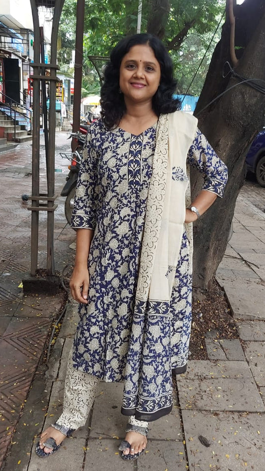 Royal Blue Pure Hand Block Printed Cotton Full Suit With Dupatta
