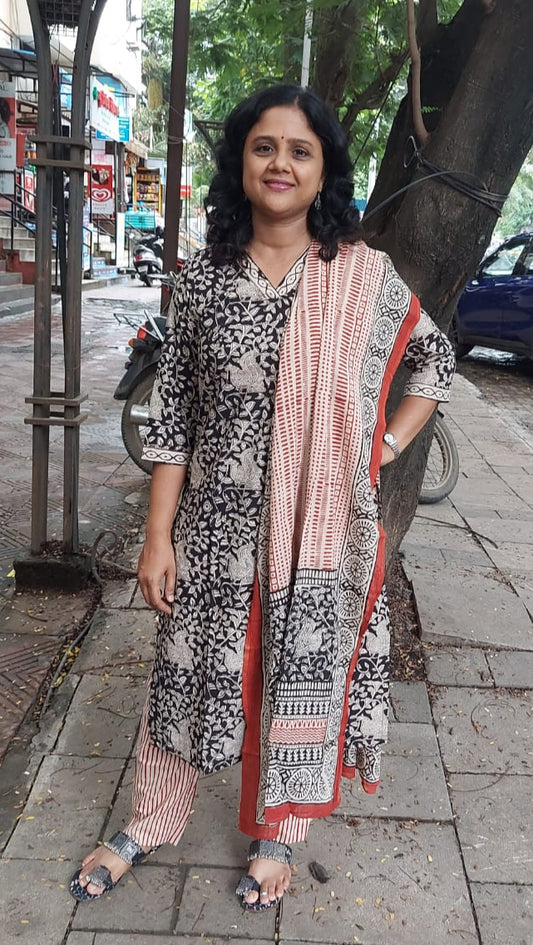 Black Pure Hand Block Printed Cotton Full Suit With Dupatta